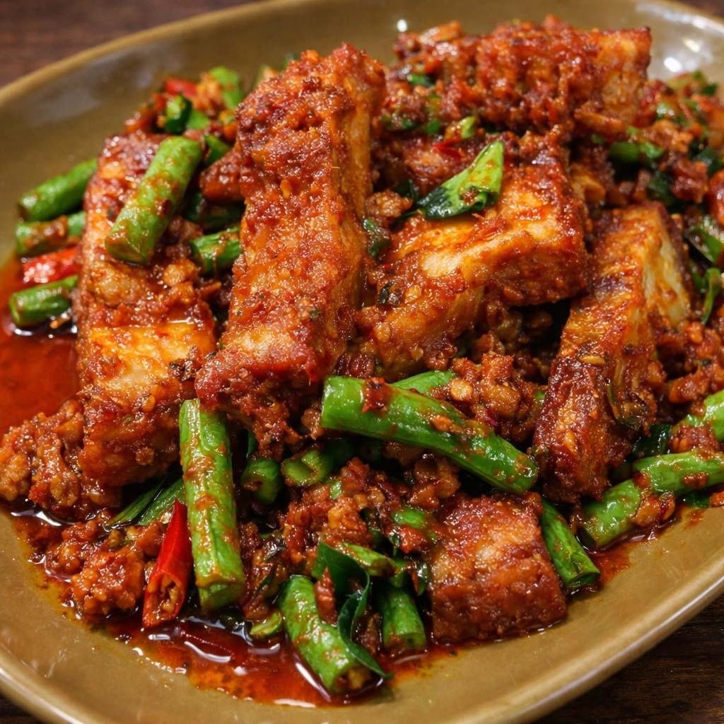 หมูกรอบผัดพริกแกง